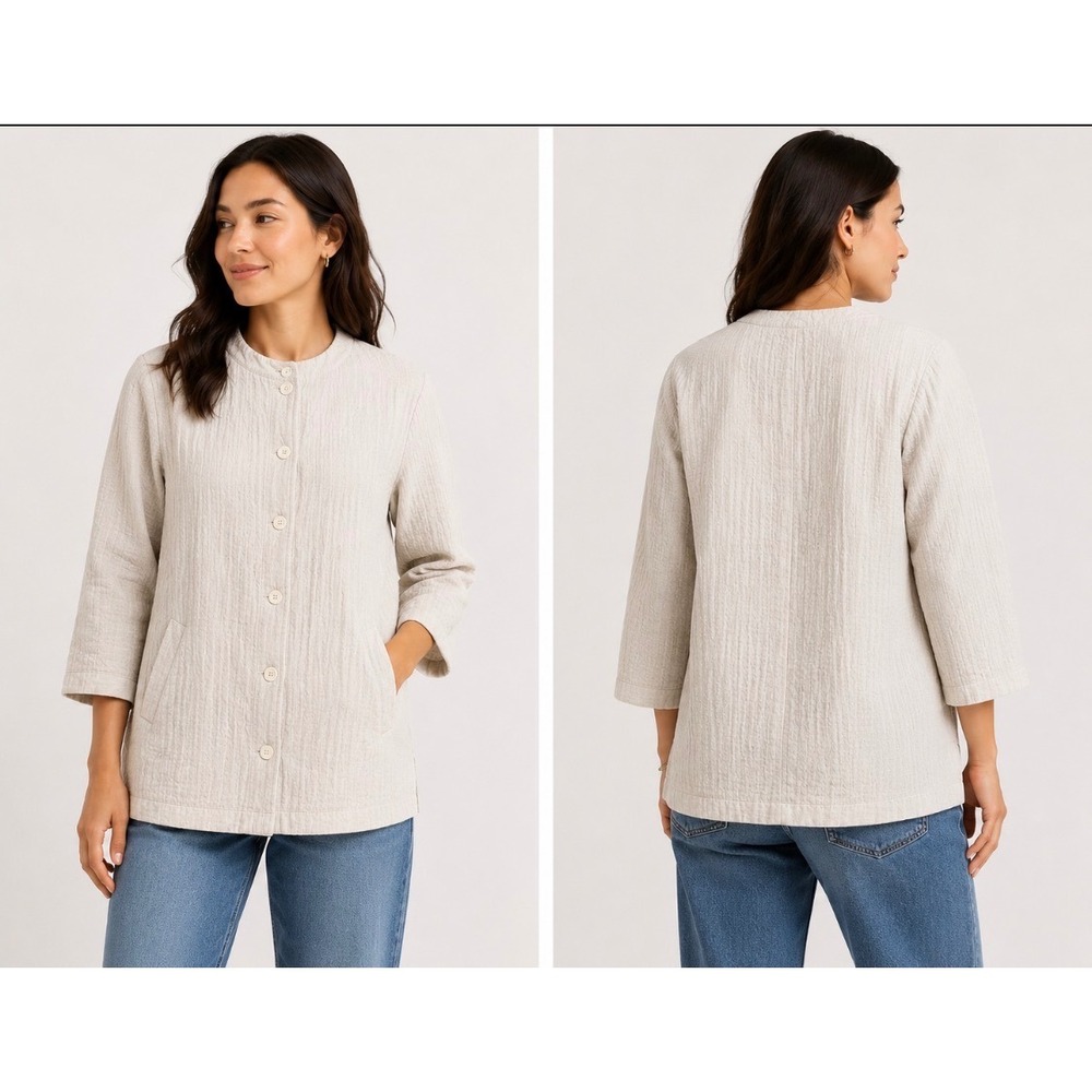 Eileen Fisher Textured Linen Organic Cotton Blend Blazer Snap Pockets‎ S Bone